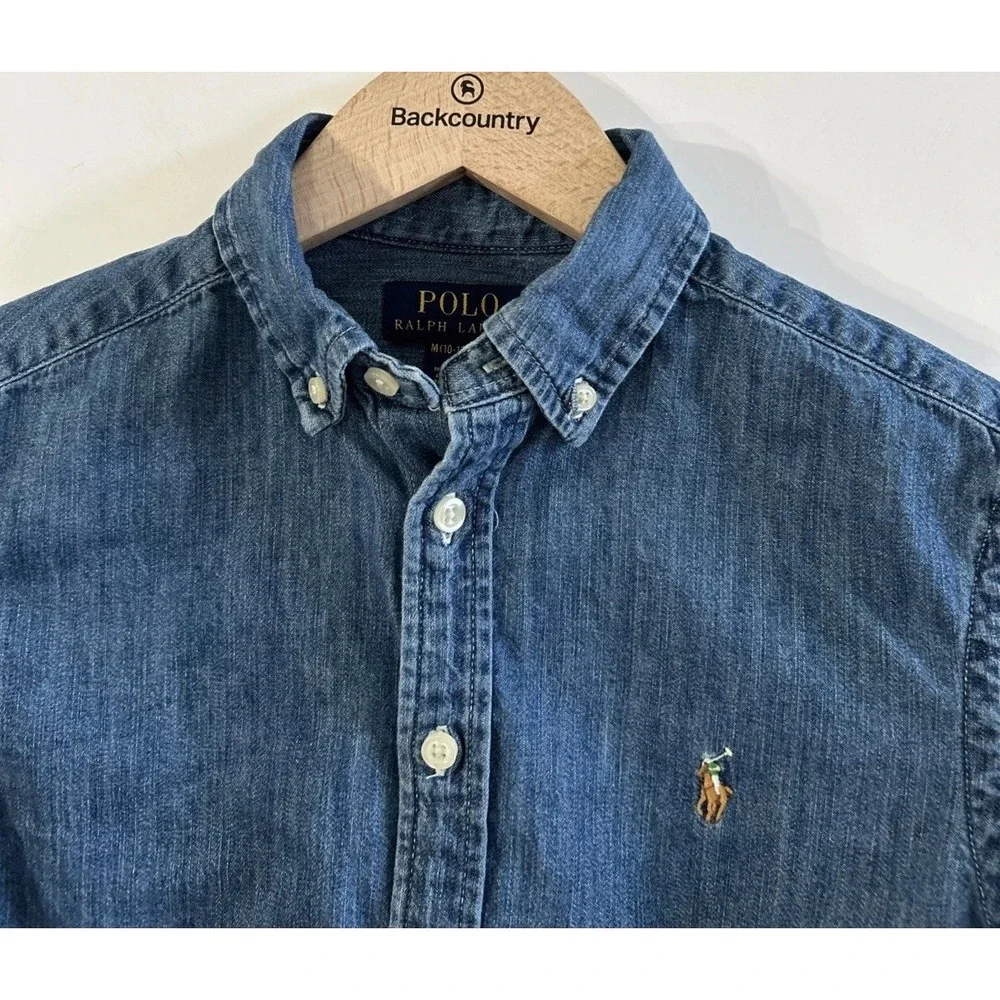 Boys Girls Polo Ralph Lauren Western Blue Denim Button Down Shirt L/S Med 10-12